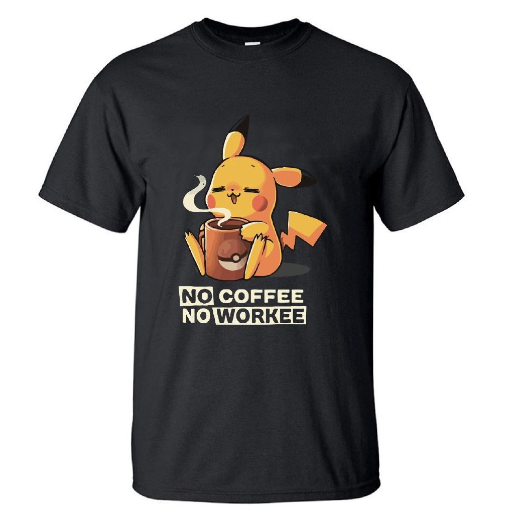 Limindong Pikachu Tshirt Geen Koffie Geen Workee Mannen T-shirt T-shirts Zomer Korte Mouw Harajuku Leuke T-shirt Japan Anime Tees XS wit