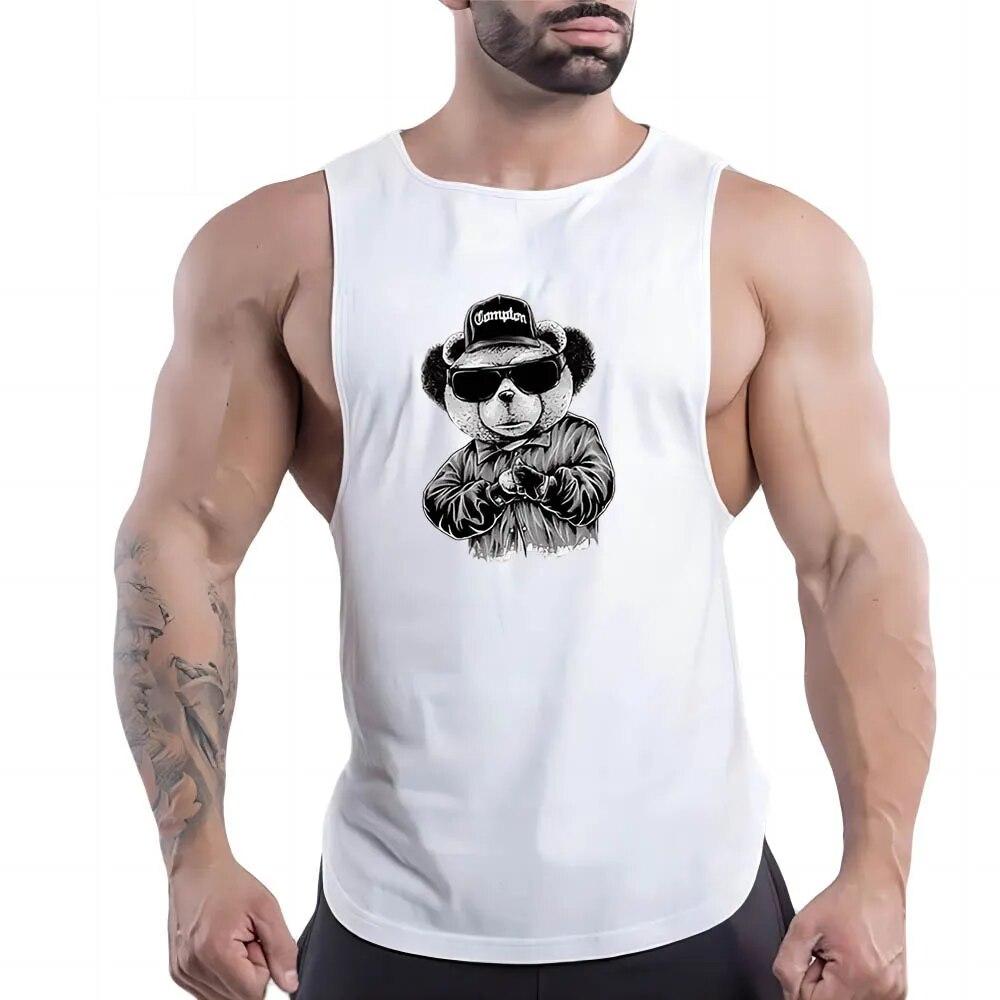 Mr. Burst Zomer volwassen heren sport fitness buiten vest met ronde hals pop beer patroon 2d print meerkleurig modetrend mouwloos shirt S geel