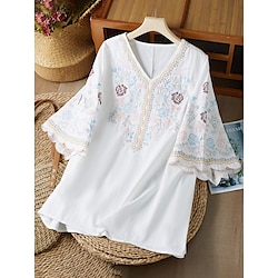 Light in the box Dames Overhemd Boho-shirt Geklede topjes 100% katoen Effen Kleur Bloemig Geborduurd Feest Dagelijks Vakantie Casual Boho Bel 3/4 mouw V-hals Wit Herfst Lente zomer