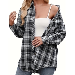 Light in the box Dames Grote maten Blouse Polyester Ruitjes Zak Dagelijks Casual Lange mouw Overhemdkraag Zwart Lente Herfst