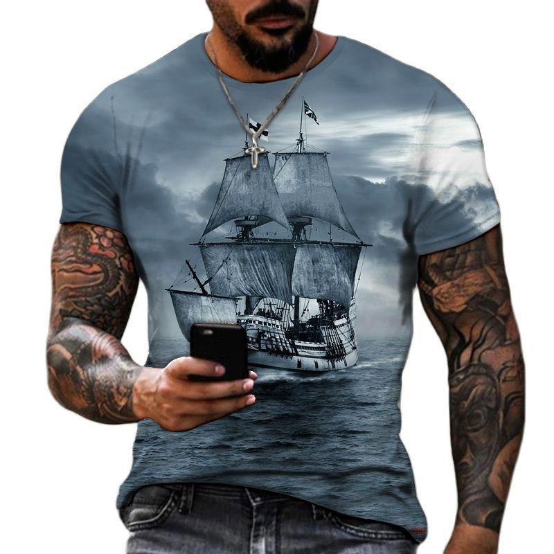 Kukebang Vintage mannen schip T-shirts 3D gedrukt piratenschip ronde hals korte mouw T-shirt voor mannen oversized tops tee shirt 4XL