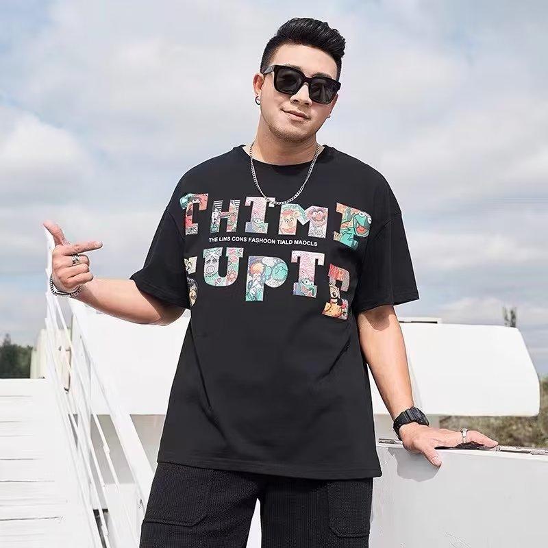 Fashion human Large size short-sleeved t-shirt tide men's large loose letters cartoon printing cotton casual round neck body shirt tops M