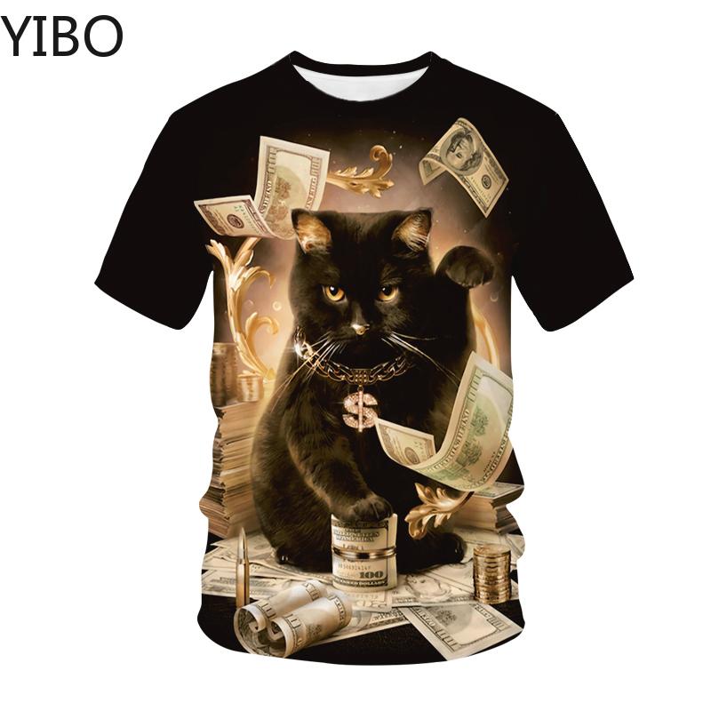 YIBO 3D Clothes Heren T-shirt Leuke Kat Print Korte Mouw Dieren Kat Casual Gepersonaliseerde Oversized Trui Mannelijke Comfortabele T-shirts met Ronde Hals XS