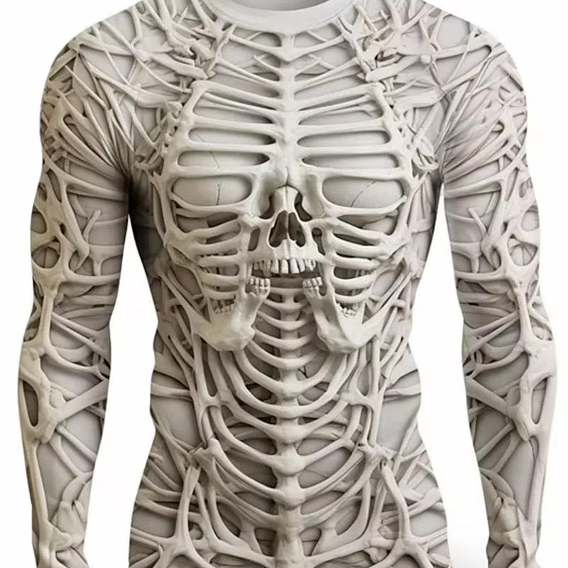 ETST 012 3D Print Skeletschedels Patroon T-shirts Mannen Lange Mouw Casual Mode T-shirt Top Sweatshirt Ademende Streetwear Losse T-shirts S