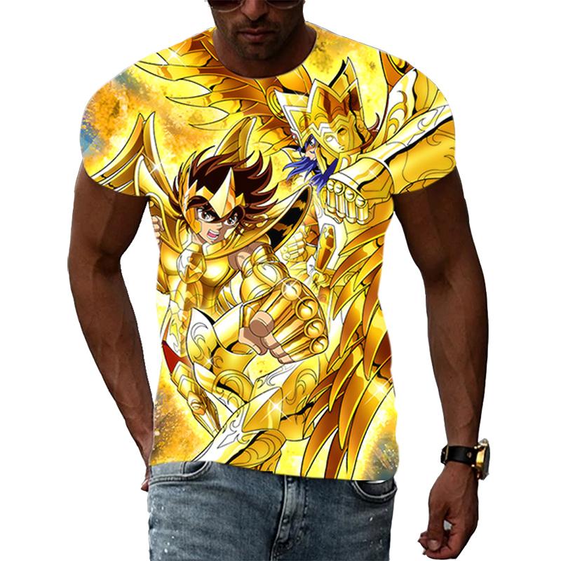 ETST 05 Goud Saint Seiya Anime Thema Coole 3D-printfoto's Esthetische persoonlijkheid Mannen en vrouwen Ronde hals T-shirt met korte mouwen Top S