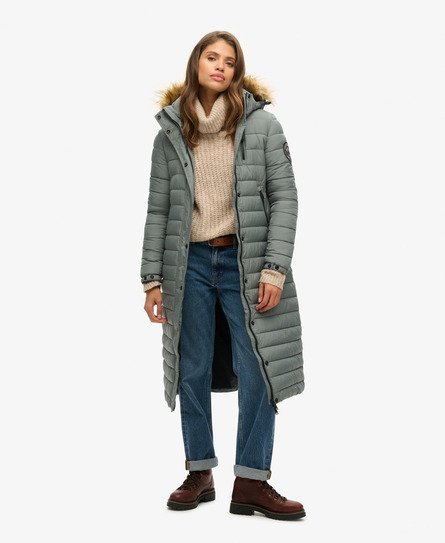 Superdry Vrouwen Lange Fuji Pufferjas met Capuchon Groen