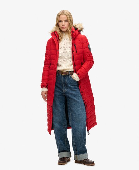 Superdry Vrouwen Lange Fuji Pufferjas met Capuchon Rood