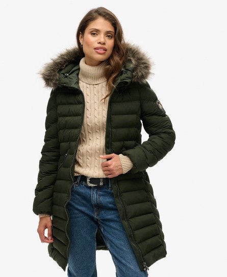 Superdry Vrouwen Halflange Fuji-pufferjas met Capuchon met Imitatiebont Groen