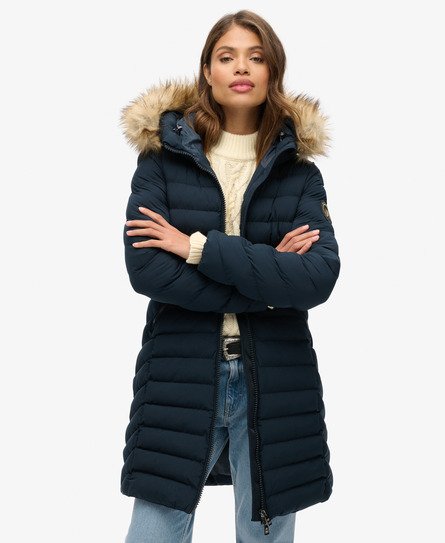 Superdry Vrouwen Halflange Fuji-pufferjas met Capuchon met Imitatiebont Blauw