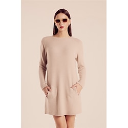 Light in the box Dames Trui Trui jurk Strakke ronde hals Geribd breien Zak Gebreid Herfst Winter Buiten Dagelijks Weekend Casual Zacht Lange mouw Heldere kleur Beige