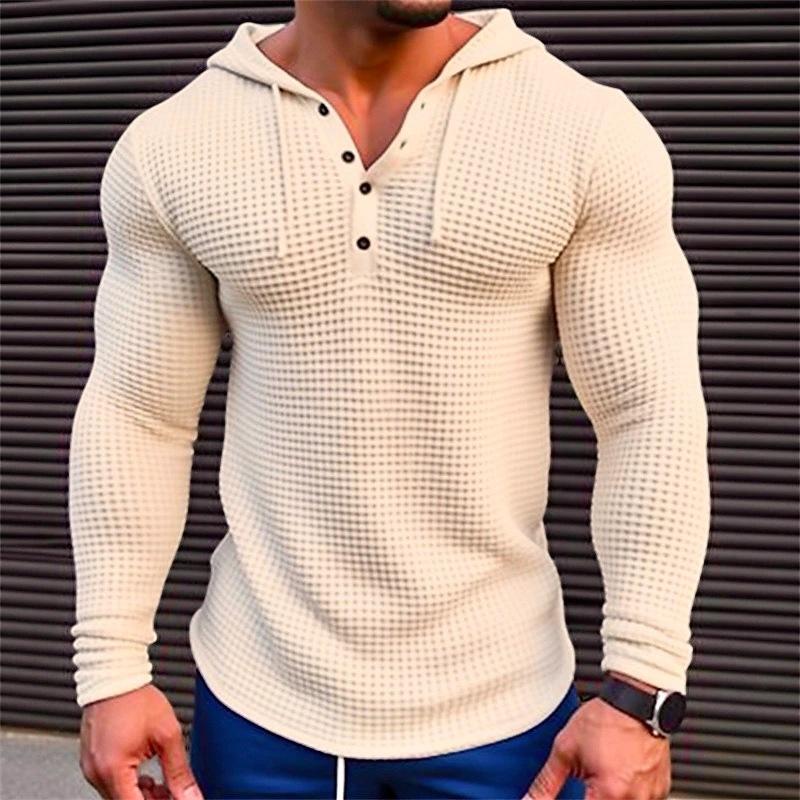 Big Thumb Spring Autumn Hooded T Shirt Men Long Sleeve Solid Color Slim Fit Sports Tops Fashion Breathable Casual Tees Mens V Neck Tshirt XL licht kaki kleur