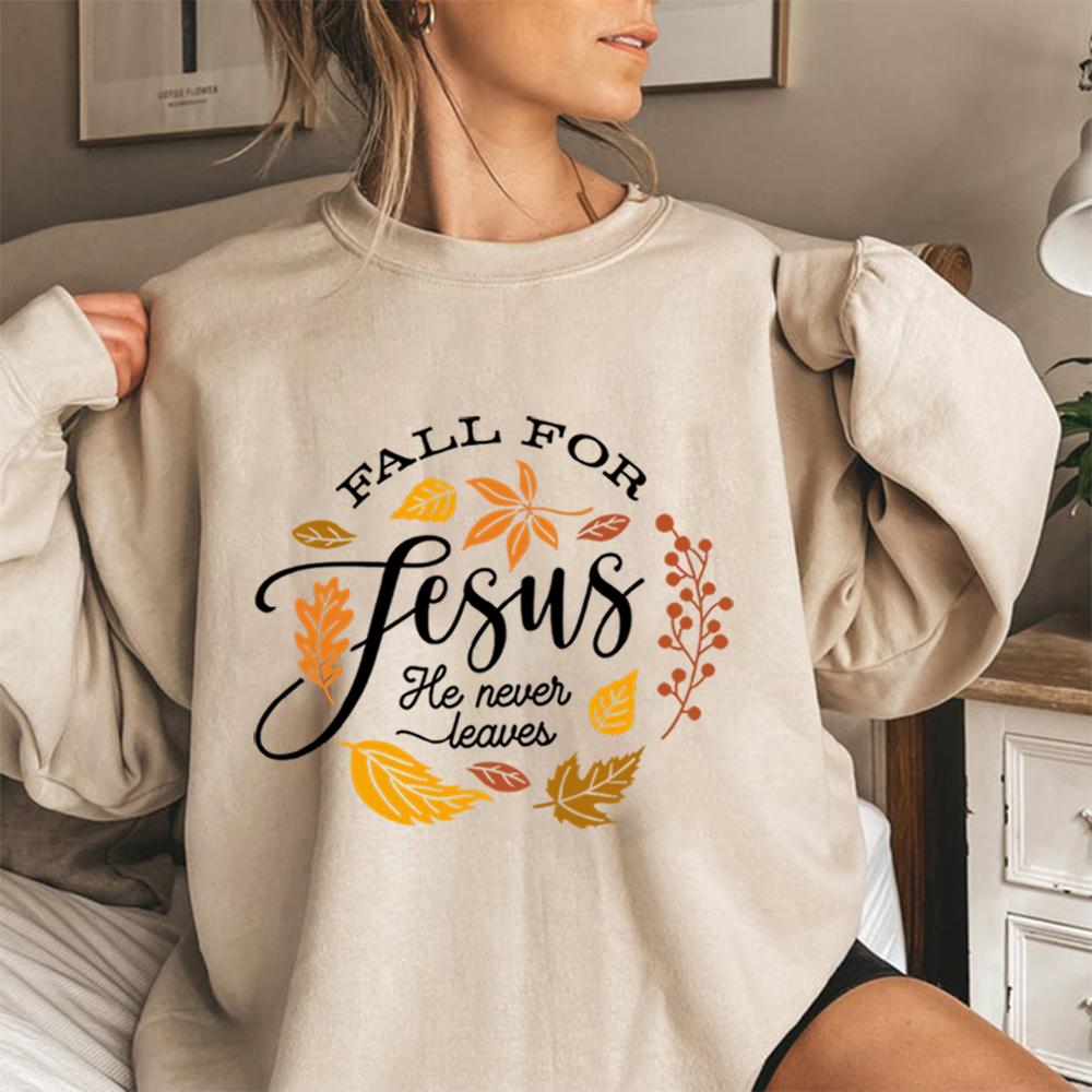 Bicheng Unisex val voor Jezus hij verlaat nooit sweathirts retro Jezus shirt esthetische christelijke tops Bijbelvers Tee herfst sweatshirt S zwart