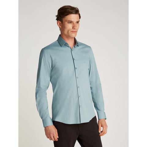 Calvin Klein Businessoverhemd POPLIN STRETCH SLIM SHIRT met kent-kraag, logo-print op borsthoogte