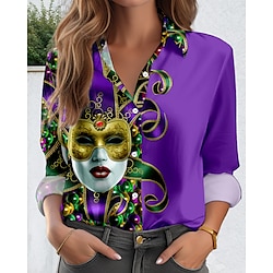 Light in the box Dames Overhemd Casual Mardi gras Grafisch Normale tops Lange mouw Overhemdkraag Knop Afdrukken Normale pasvorm Dagelijks Uitgaan Paars Lente Herfst Winter