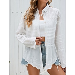 Light in the box Dames Overhemd Blouse Elegant Dagelijks Stijlvol Effen Kleur Normale tops Lange mouw Overhemdkraag Kant Normale pasvorm Dagelijks Feestdagen Uitgaan Wit Lente Herfst