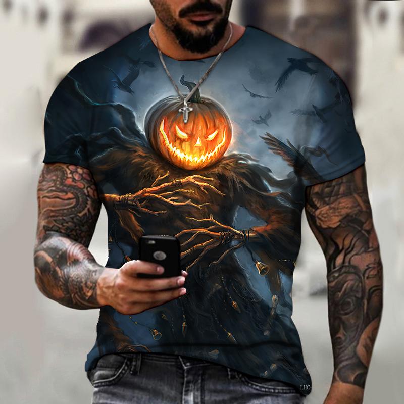 TIP723 Zomer heren T-shirt Halloween Pompoen Ghost 3D Print Korte mouw Horror Losse Casual Harajuku Oversized Ademende T-shirts M