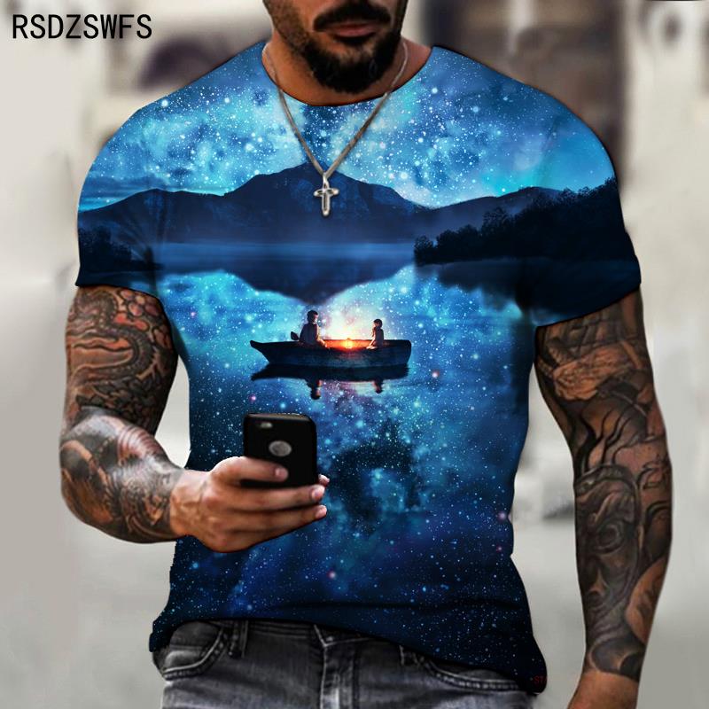 Baibao QIQI Nieuwe Zomer Heren T-shirt Casual Tops 3D Gedrukt T-shirt Sterrenhemel O-hals Vissen Casual Plus Size Streetwear XXS-6XL XS