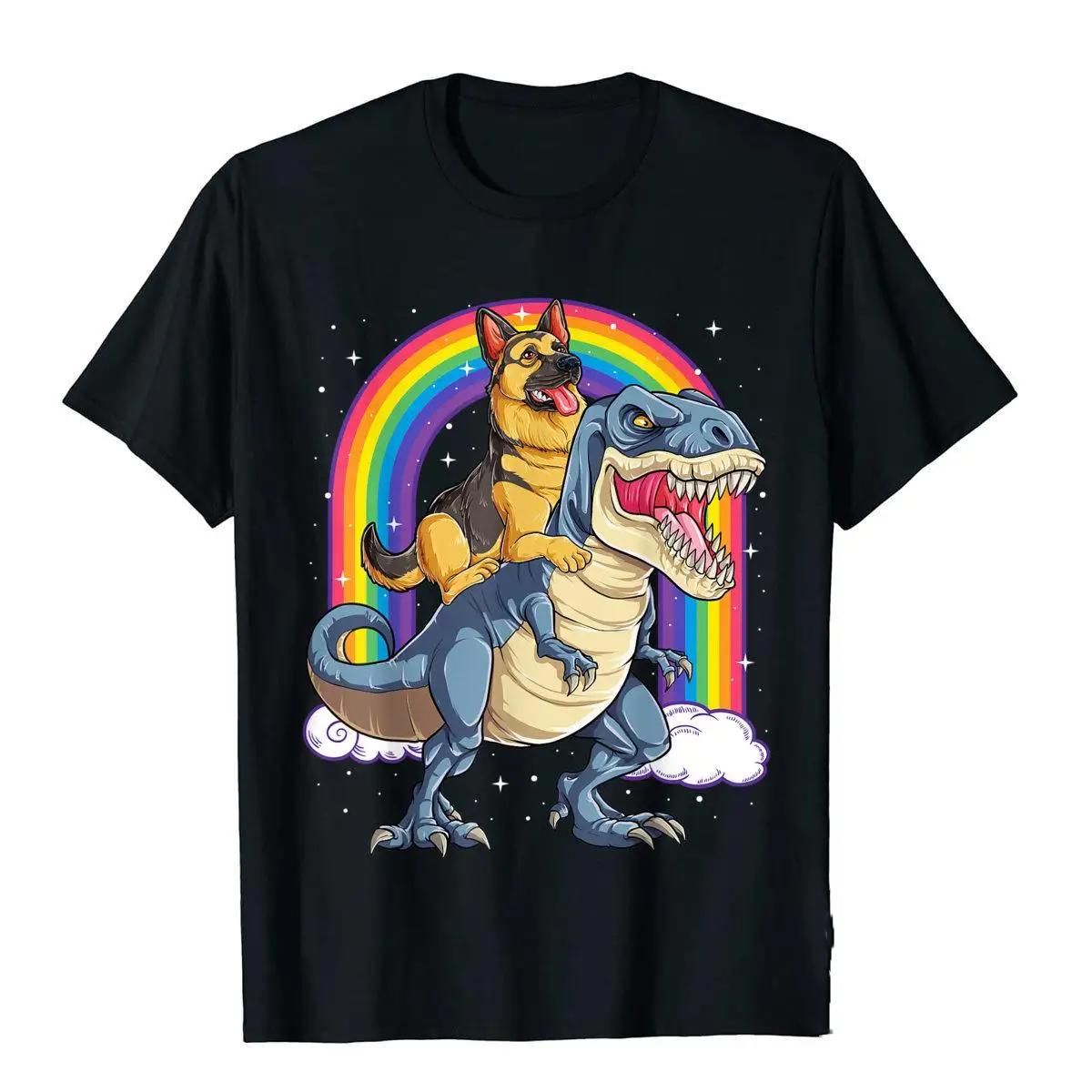 Kukebang Duitse Herder Rijden Dinosaurus 3d Print T-shirt voor Mannen Regenboog T-shirt Katoen Design Tops T-shirt Modieuze Heren S