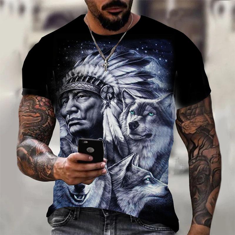 Plus Size FUGUIS Indianen Wolf 3D Print Dier Cool Grappige mannen T-Shirt O-hals Korte Mouw Zomer Oversized Tops T-shirt Mode Mannen /Vrouwen Kleding S