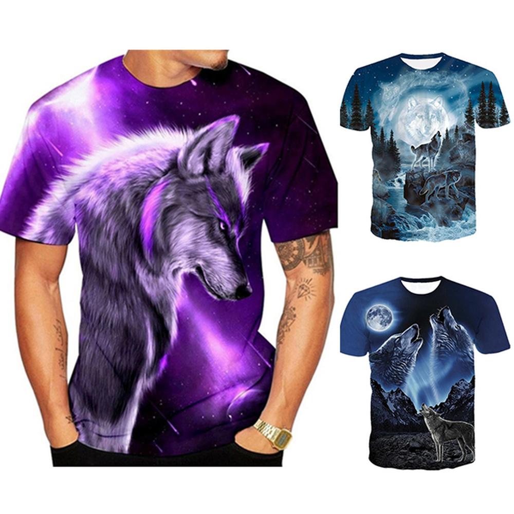 HU5RN Heren 3D Wolf bedrukte T-shirts Casual mode Grafisch T-shirt Oversized T-shirt met korte mouwen Tops 2XL zwart