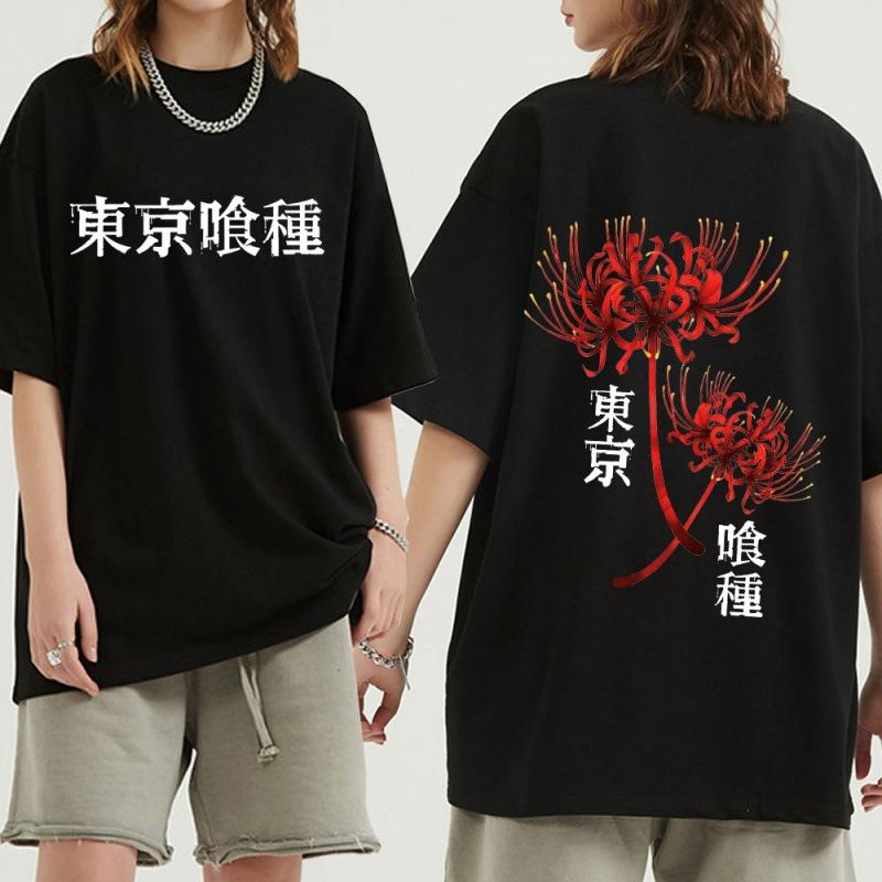 HU5RN Tokyo Ghoul Japanse Anime Harajuku T-shirt Casual Cool Afdrukken Korte mouwen Katoen Zomer T-shirt Hip Hop T-shirt Manga Grafische Tops Tees Street chic L zwart