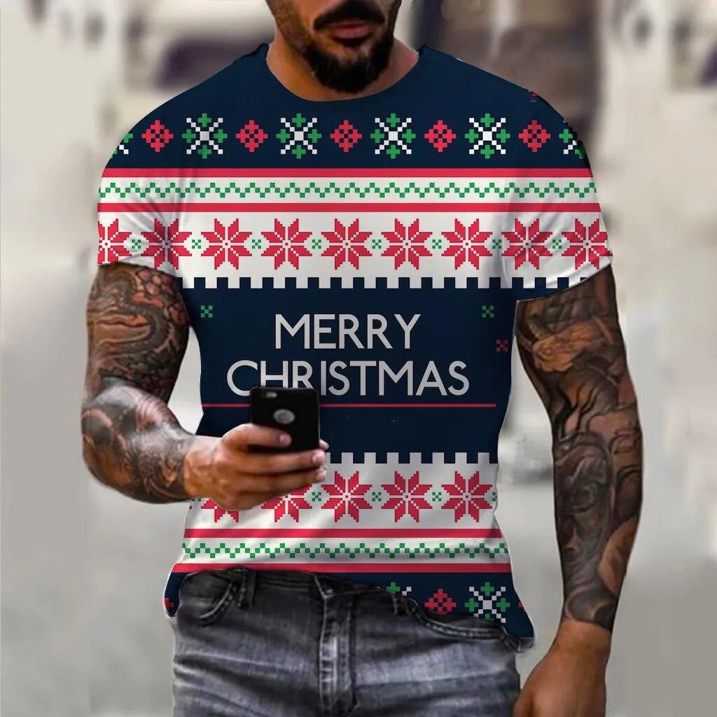 ETST 07 Kerst Elanden Kerstman 3D Print Heren T-shirt Ronde Hals Losse Streetwear Tees Zomer Casual Korte Mouw Tops Mans kleding 4XL