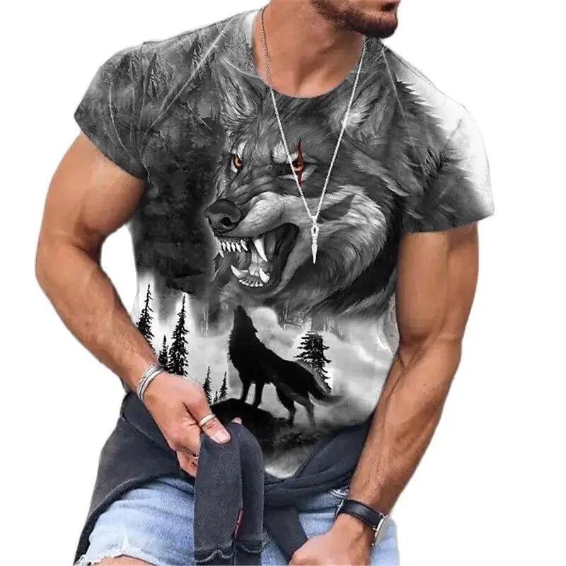 Kukebang Zomer Animal Wolf Print Heren T-shirt Ronde Hals Korte Mouw Losse Tops Casual Mannelijke Tees Oversized T-shirts 6XL S