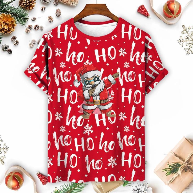 ETST 07 Grappige Kerstman Bedrukte T-shirt Voor Mannen Cartoon Elanden Patroon X'mas Kleding Mode O-hals Korte Mouw Tops Oversized T-shirts S