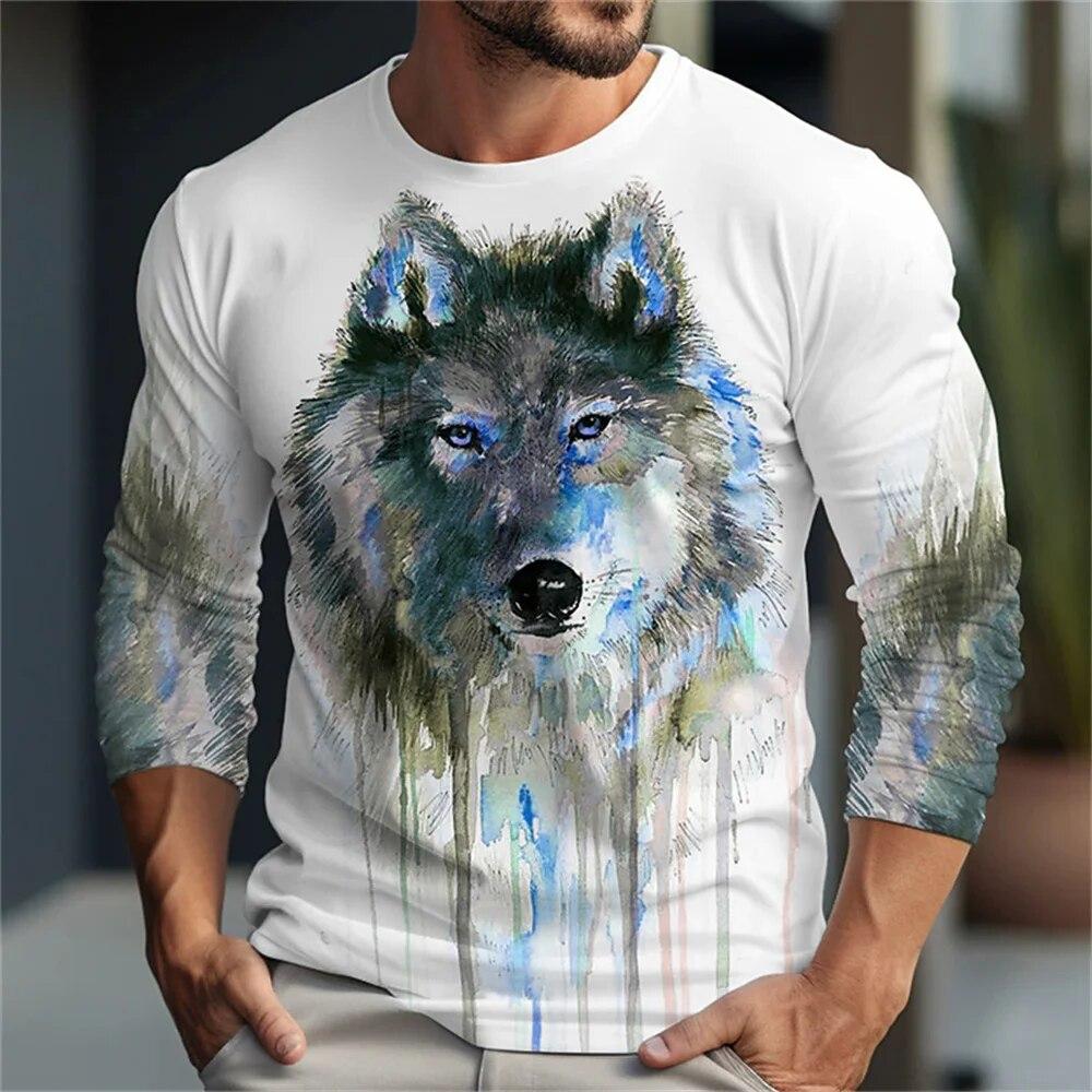 Nihao Heren Unisex T-shirt Tee Grappige T-shirts Wolf Grafische prints Ronde hals Blauw 3D Print Dagelijks Feestdagen Lange mouw Print Kleding Nieuw S