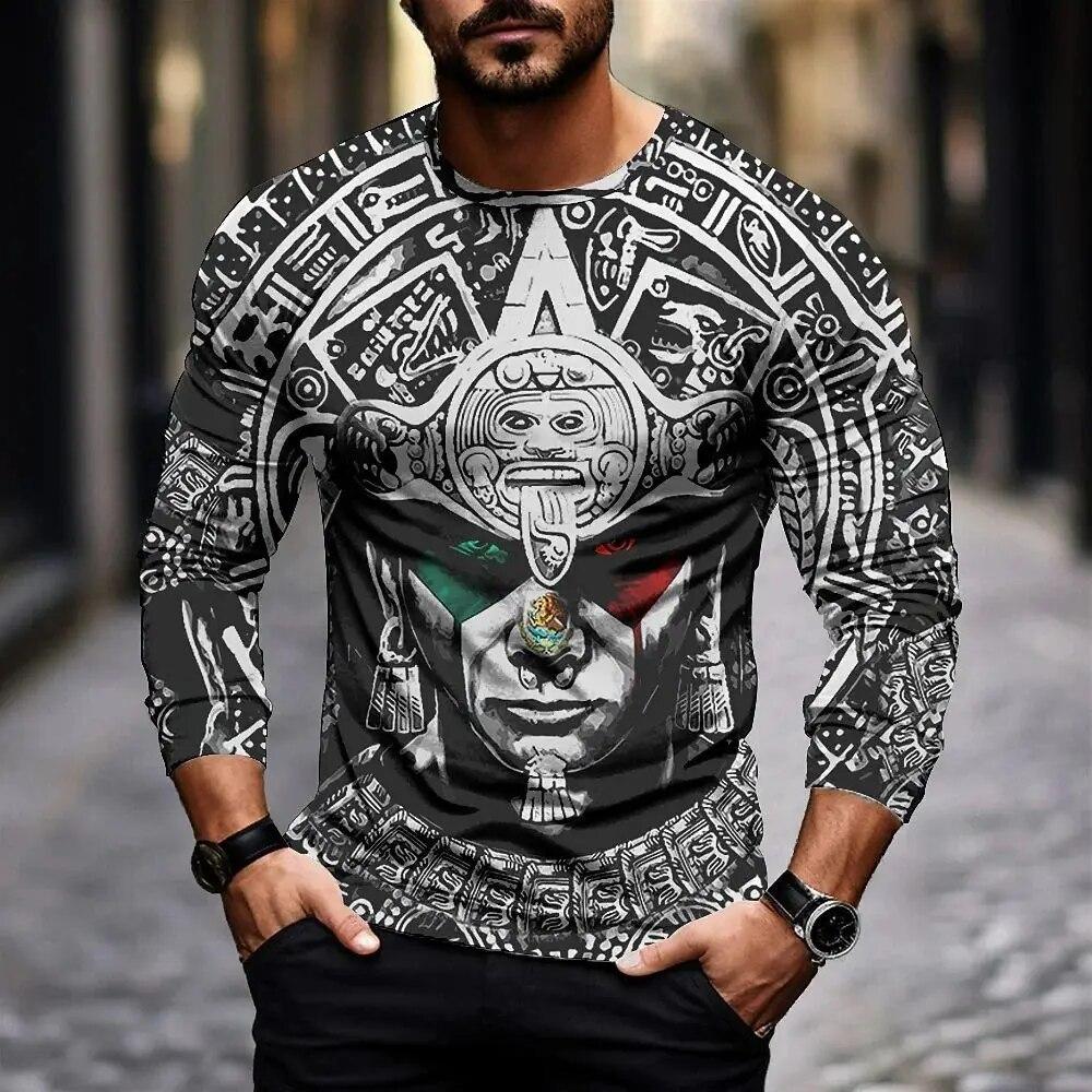 ETST 03 2024 Mexico Aztec T-shirts Voor Heren 3d Gedrukt Lange Mouw Tops Día De Muertos Straat Hip Hop Oversized Tees shirt Mannelijke Kleding 4XL