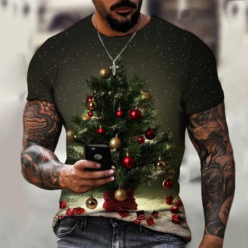 Baibao QIQI Zomer Mannen T-shirt Ontwerp Kerstboom 3D Afdrukken T-shirt Patroon Losse Super Grote Maat Casual T-shirt Comfortabele Persoonlijkheid 5XL S