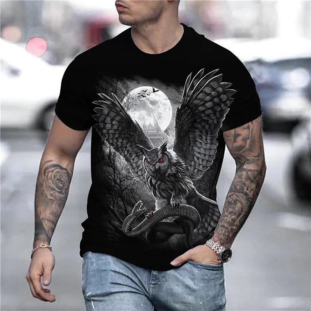 Kukebang Fashion Casual 3D Printing Heren Zomer Nieuwe Uil Animal Oversized T-shirt Vintage Top O Kraag T-shirt S