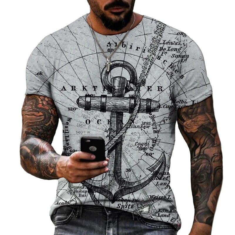 Baibao QIQI Heren zomer korte mouwen casual t-shirt oversize heren 3D-printen T-shirt ankerprint mode heren voor mannelijke zomer XS