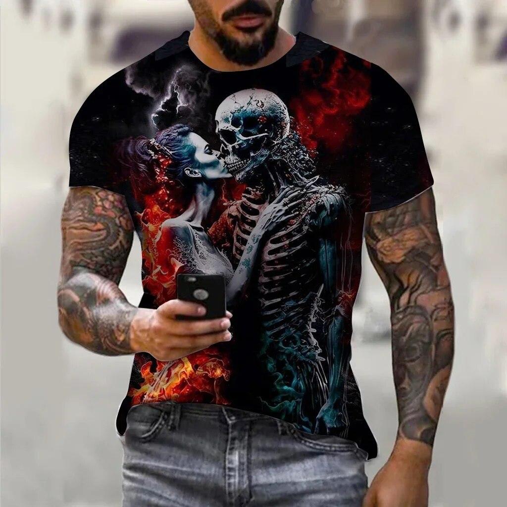 ETST WENDY 005 Retro heren T-shirt, 3D Skull Horror bedrukt T-shirt met korte mouwen, straatmode, zomer sneldrogend en ademende kleding 4XL