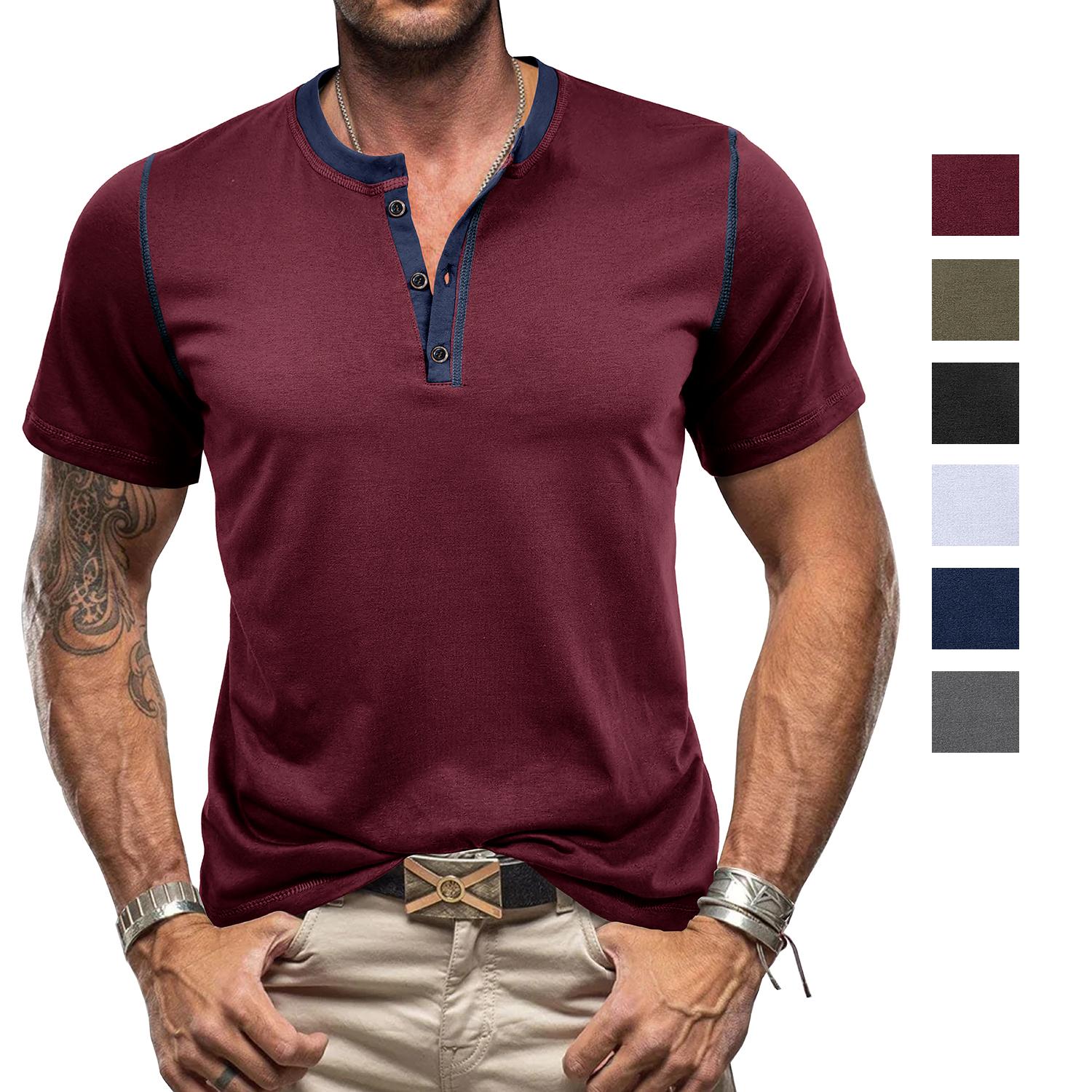 Bright Deer Herentops Henley-shirt Korte mouwen Katoen Ronde hals Kleurblok Ademend Dagelijks T-shirts Zomer Lente Vakantie Casual herenkleding S bordeaux