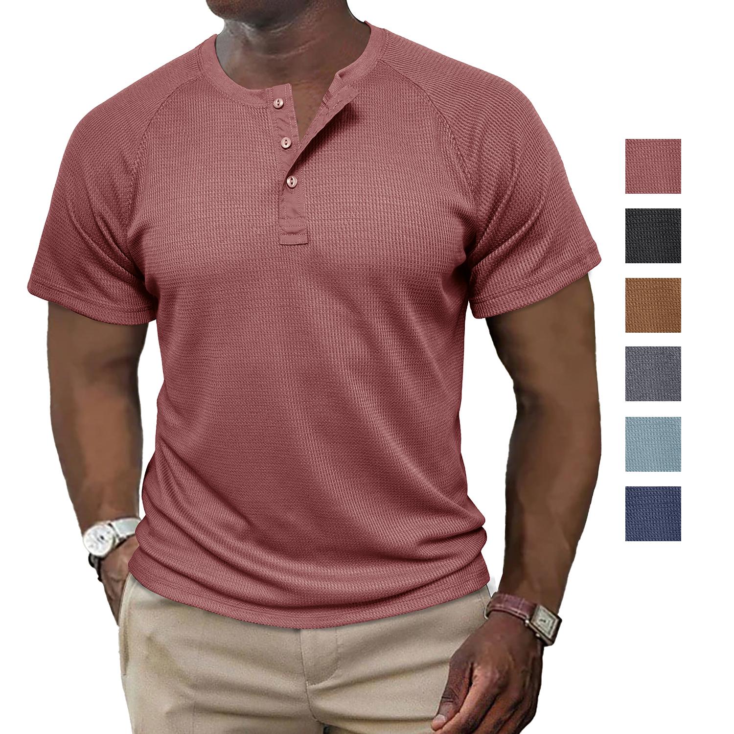 Bright Deer Henley-shirts voor heren met korte mouwen en ronde hals Gebreid T-shirt Zomertruien Casual vakantie-dagelijkse kleding S roestrode kleur