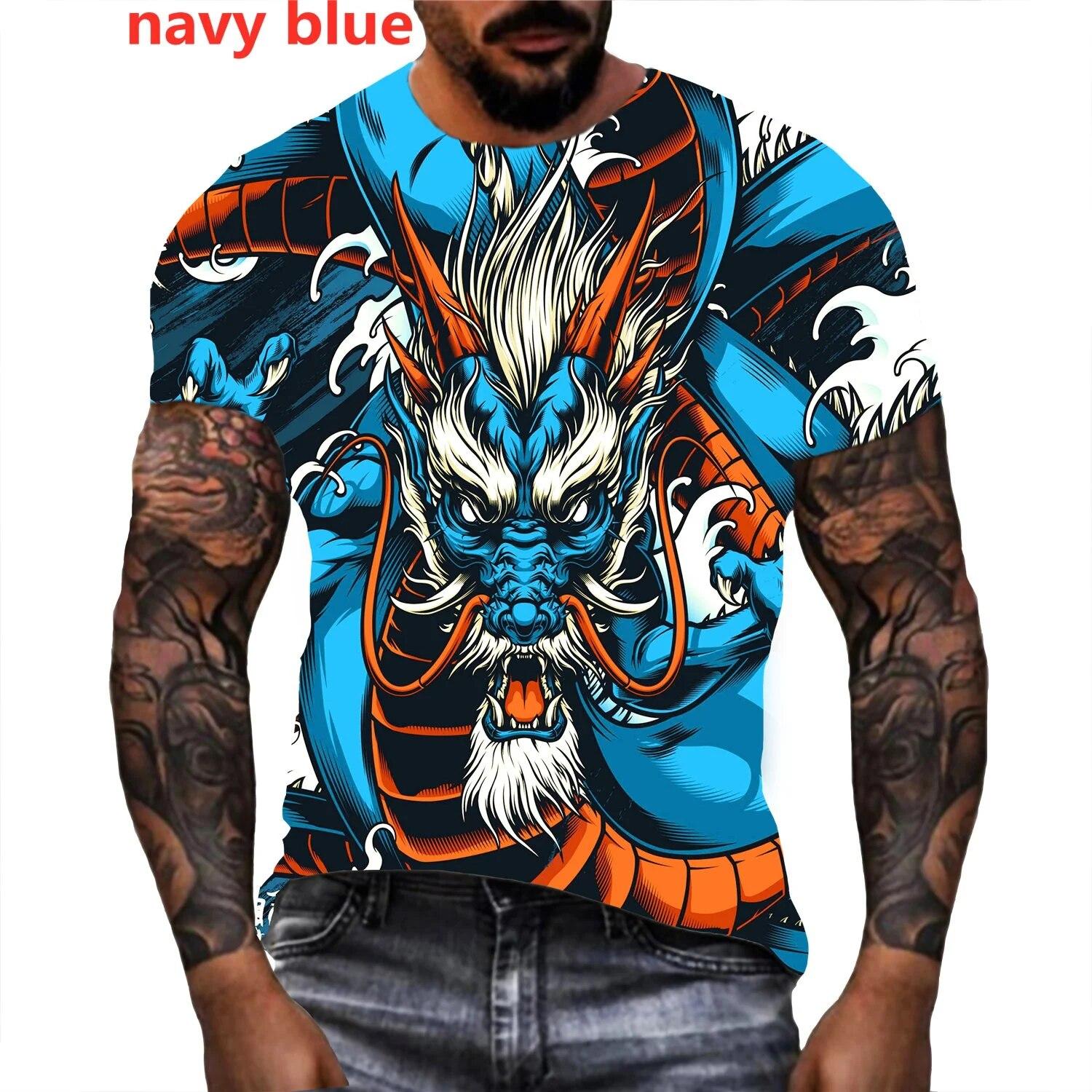 ETST WENDY 05 Persoonlijkheid Mannen Kleurrijke 3D Draak Gedrukt Casual T-shirts Persoonlijkheid Straat T-shirts Grappig Dier T-shirt XL