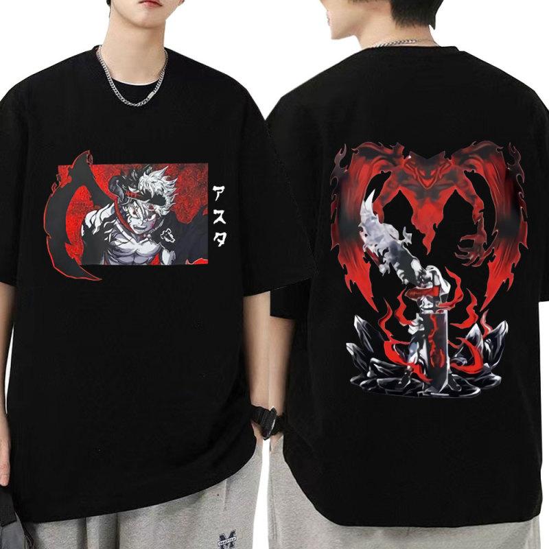 TENJINGE Trendy Japanse Anime Zwarte Klaver T-shirt Asta Dubbelzijdig Grafische T-shirt Harajuku Zomer Casual Katoenen Oversized T-shirts Koppels M