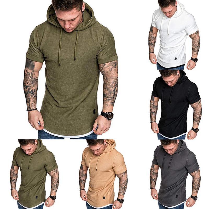 NH94YD Mannen Zomer Korte Mouw Pure Kleur Capuchon Trui Tops Casual Sport T-shirt Trekkoord Hoodie Blouse Plus Size 2XL zwart