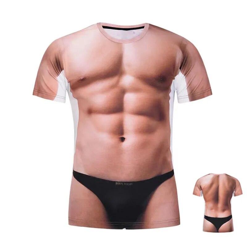 ETST 07 Grappige mannen T-shirts 3D Patroon Sexy Spier Gedrukt Korte Mouw Tees Tops Mode persoonlijkheid O-NeckT-shirts voor Mannen kleding S