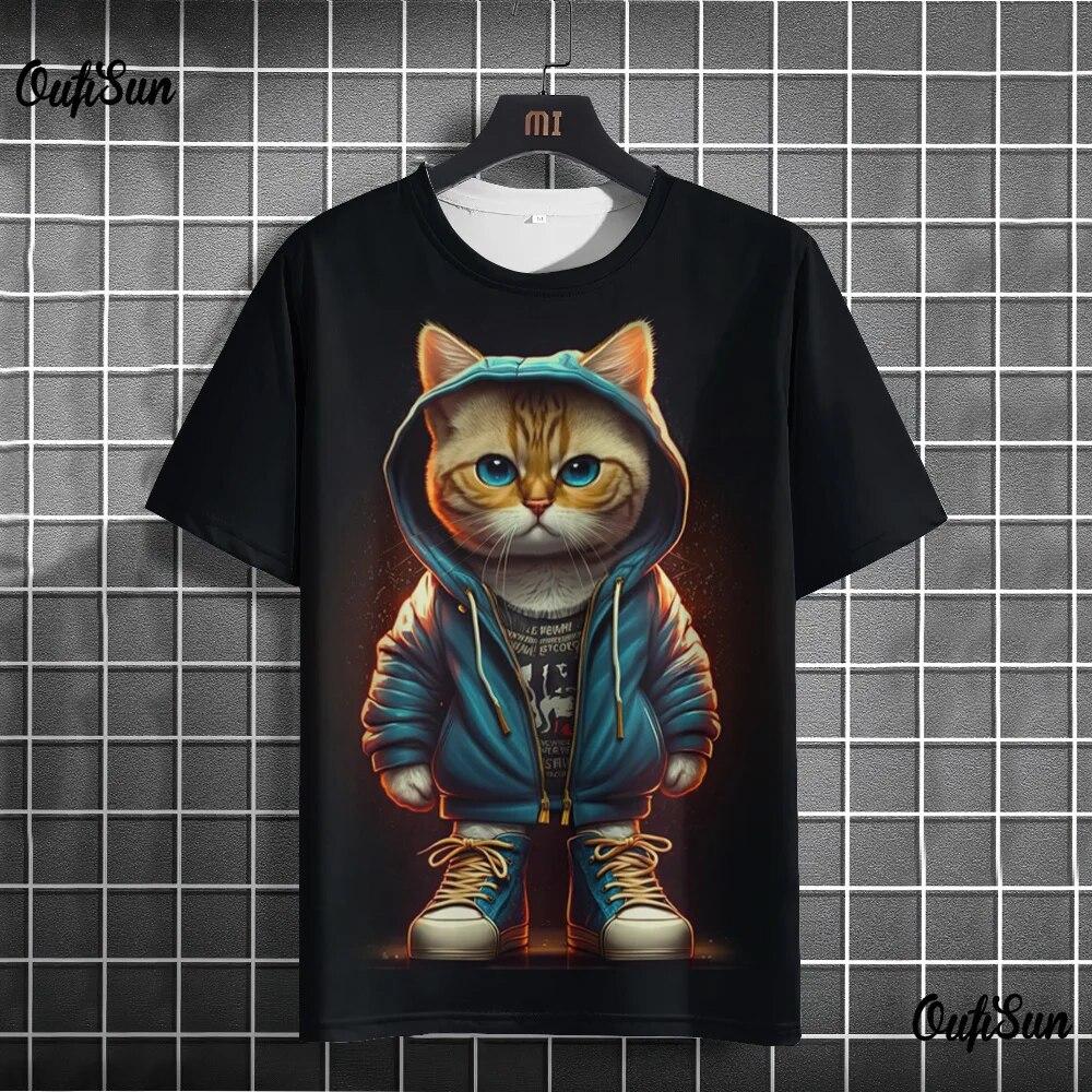 ETST 03 Mannen T-shirt Cartoon 3d Kat Print Animal Tees Korte Mouw O-hals Trui Mode Streetwear Oversized Kleding Mannelijke T-shirts M