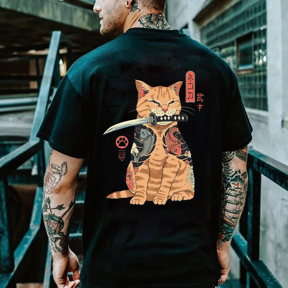 ETST 03 Cartoon Anime Samurai Kat Gedrukte T-shirt Voor Mannen Outdoor Hip Hop Harajuku Vintage Kleding Casual O-hals Losse Korte mouw Tees M