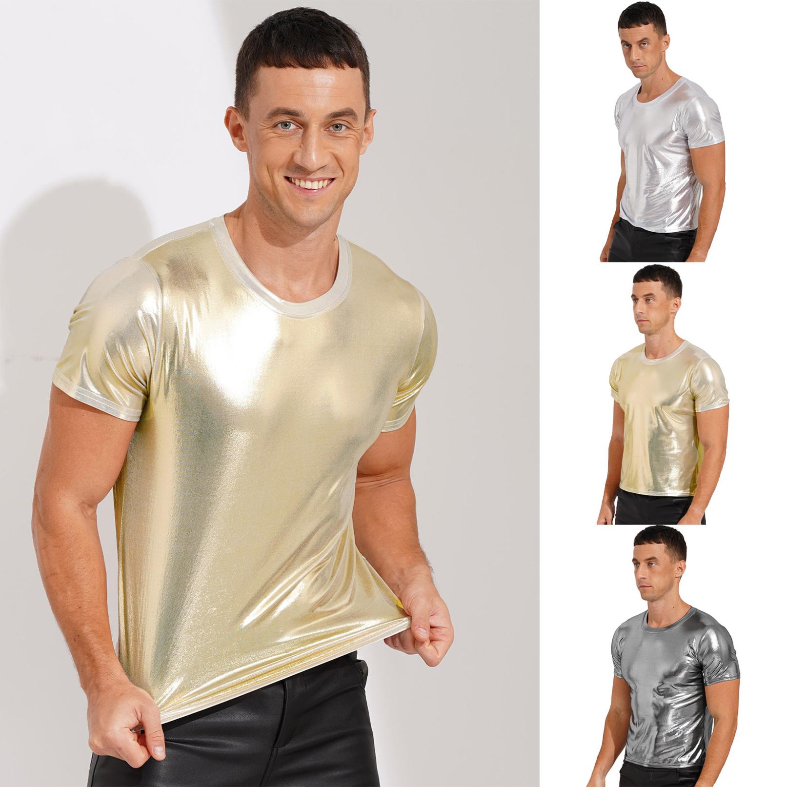 YOOJIA Heren T-shirt met korte mouwen en ronde hals Glanzend metallic effen kleur Tops voor vakantie-dansfeesten L zilver