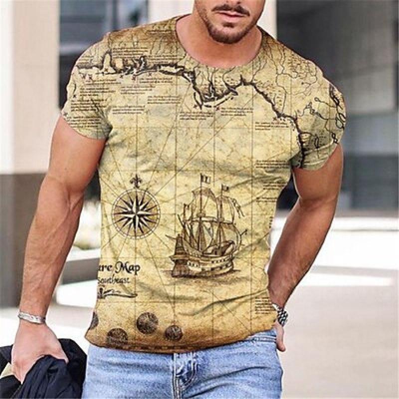 ETST 07 Kaart Vintage Heren 3D Shirt Voor TravelYellow Zomer Heren Tee Grafische Prints Ronde Hals 3D Dagelijks Vakantie Korte Mouw kleding S