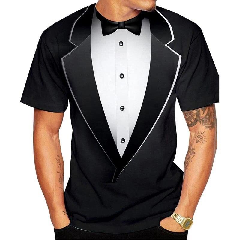 ETST 03 Zomer Mode Strikje 3d Bedrukte T-shirt Mannen En Vrouwen Casual Korte Mouw Nep Pak Tuxedo Cool streetwear Shirt 6XL