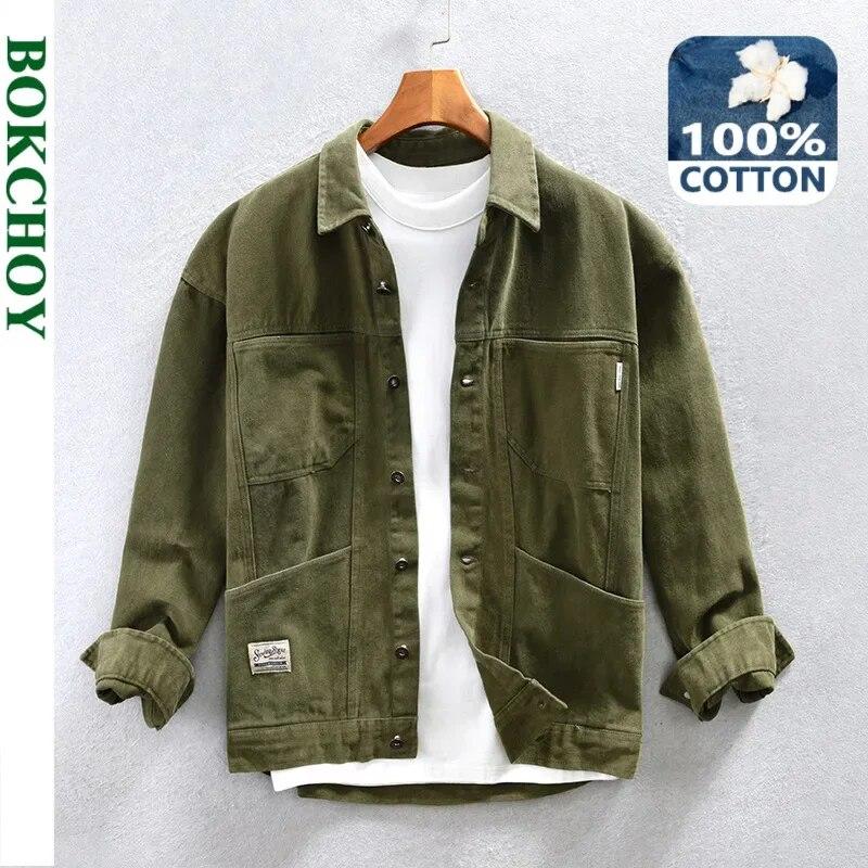 QGOOD Herfst 100% Katoen Cargo Vintage Shirts voor Heren Kleding Casual Losse Streetwear Oversize Heren Shirts Jas XXXXL kaki