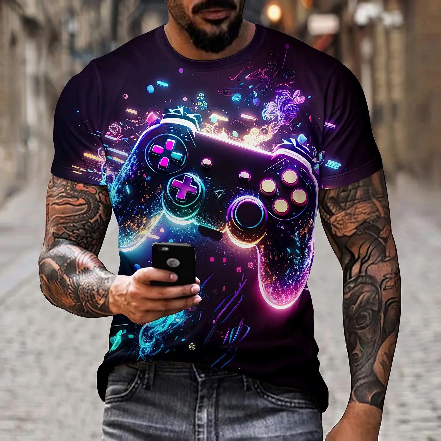 Bobby 2 Heren artistieke kleur entertainment game controller patroon lijn splitsen T-shirt 3D-printen casual korte mouwen modieuze pe 5XL