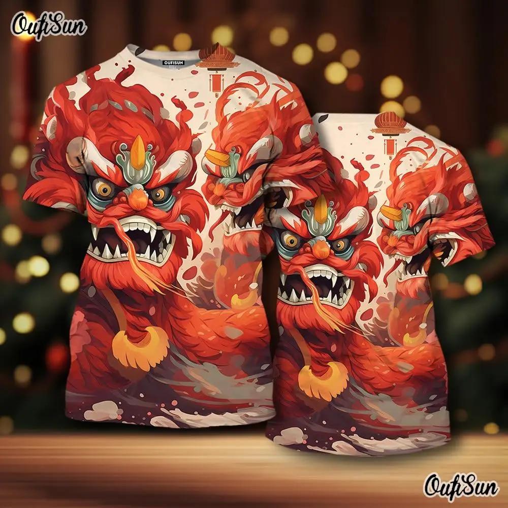 Xr 01 2024 Nieuwe Jaar Mannen T-shirt 3d Print Draak Dier Patroon Mannen T-shirt Chinese Jaar Van De Draak Korte mouw Rood Tops S