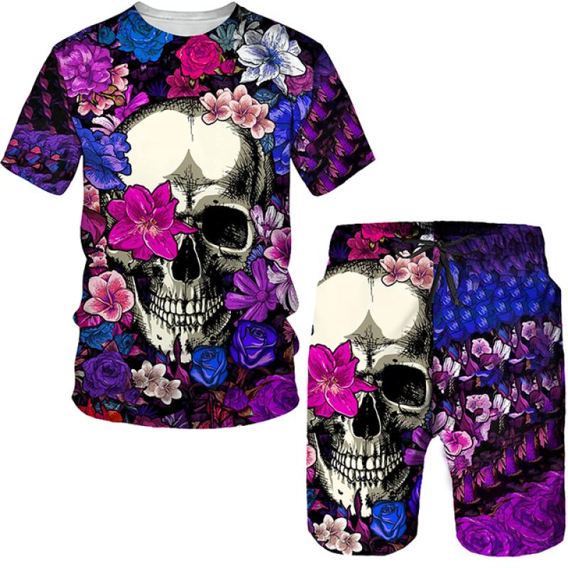 ETST 07 Zomer 2 Stuk Outfits Sets T-shirt en Shorts Trainingspak heren Oversized Doek Streetswear Vintage Schedel Gothic 3D Print Mannen sets XXS