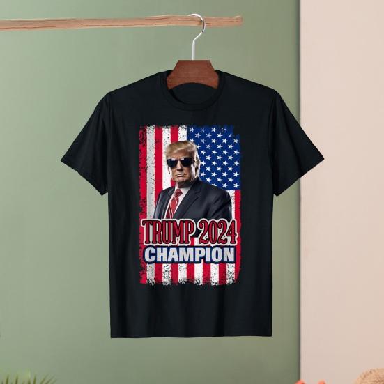 WomanWardrobe Zomer T-shirt Trump Verkiezing 2024 3D President Print Amerikaanse vlag Cool Individueel Grote maten Ronde hals Korte mouwen Los ademend Campagnetop 2XL zwart